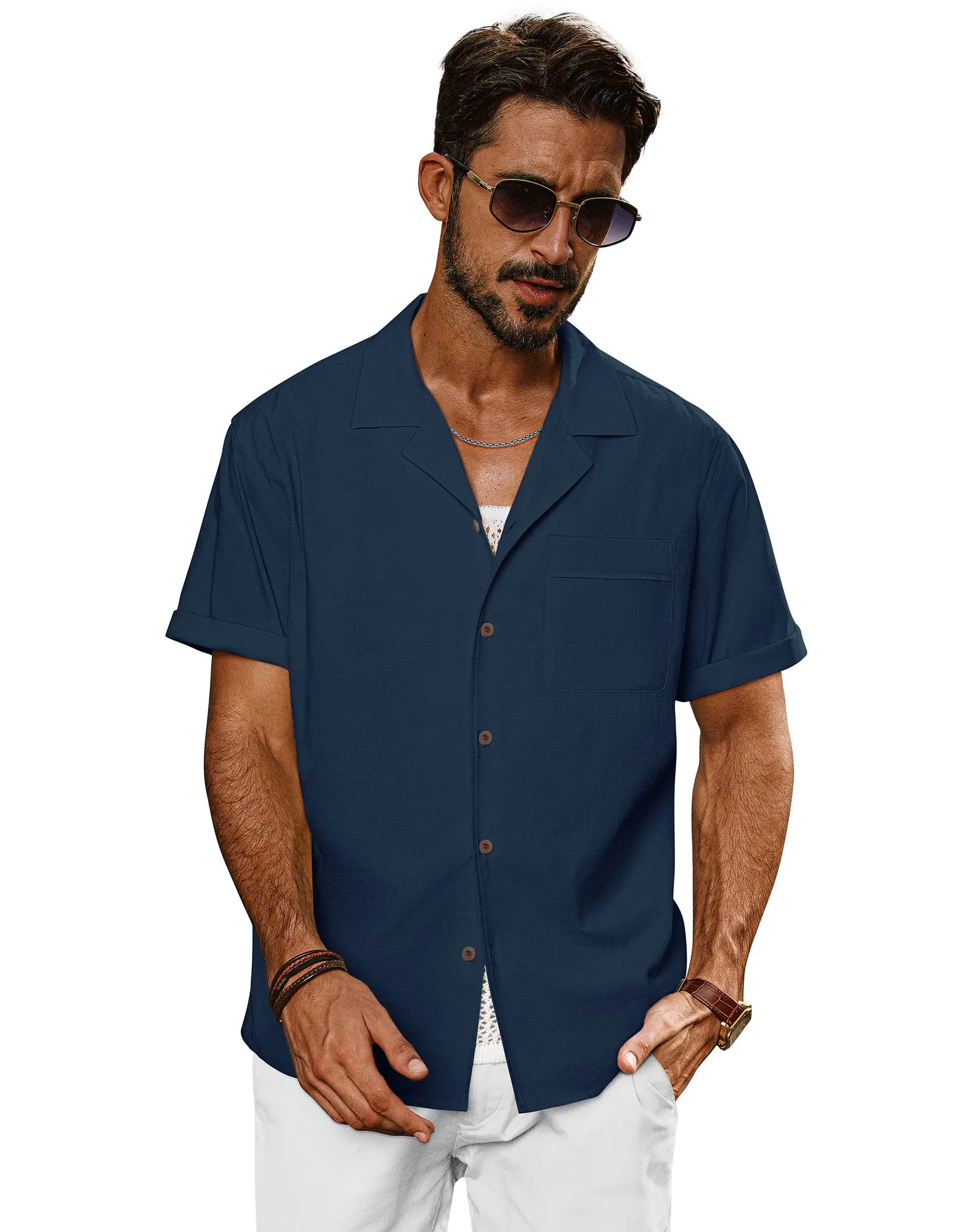 Men Straight Camp-Collar Shirt Casual Short Sleeve Flat-Hem Tops