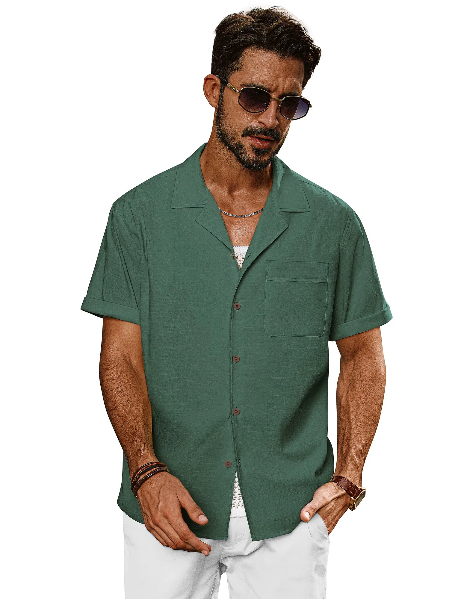 Men Straight Camp-Collar Shirt Casual Short Sleeve Flat-Hem Tops