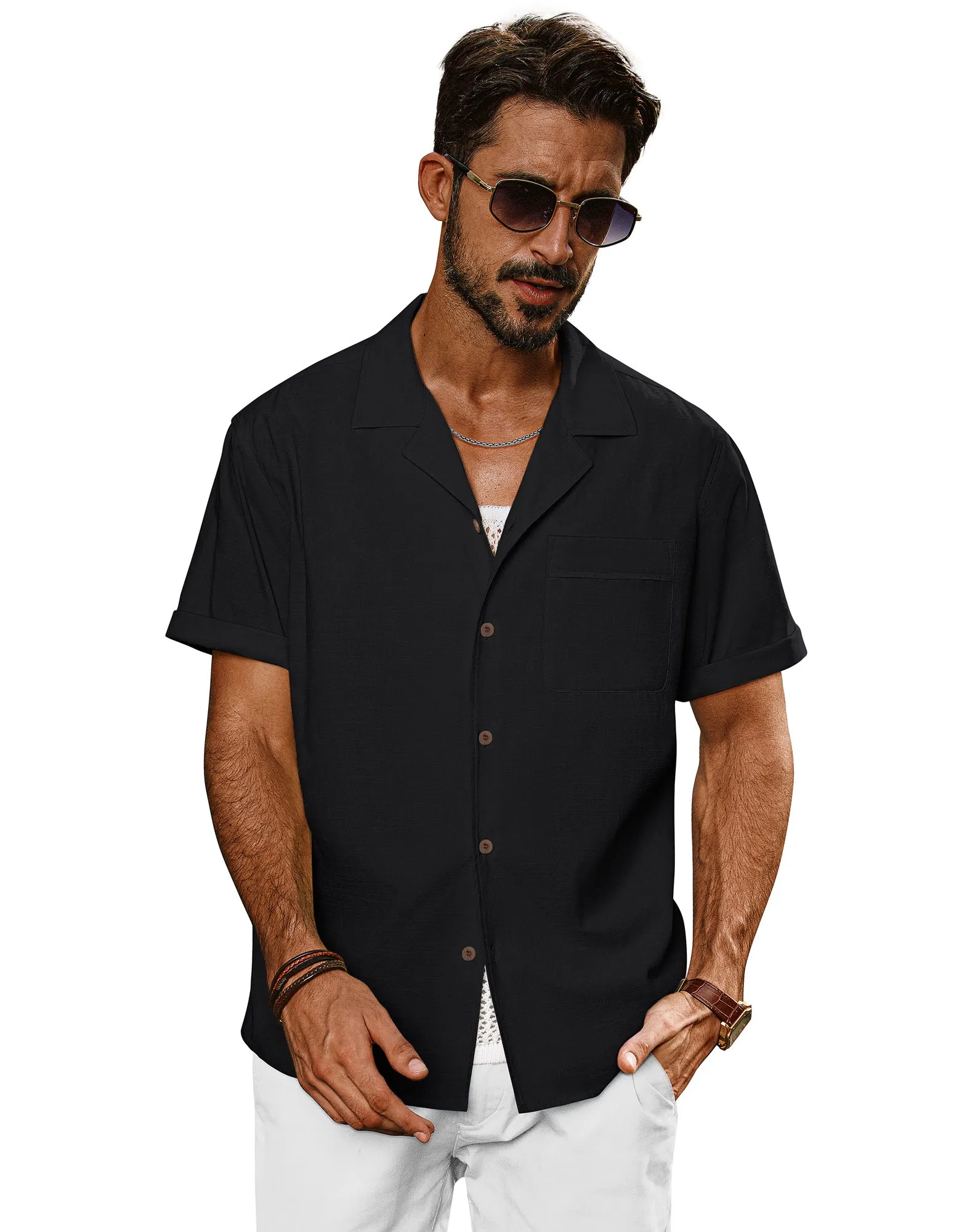 Men Straight Camp-Collar Shirt Casual Short Sleeve Flat-Hem Tops