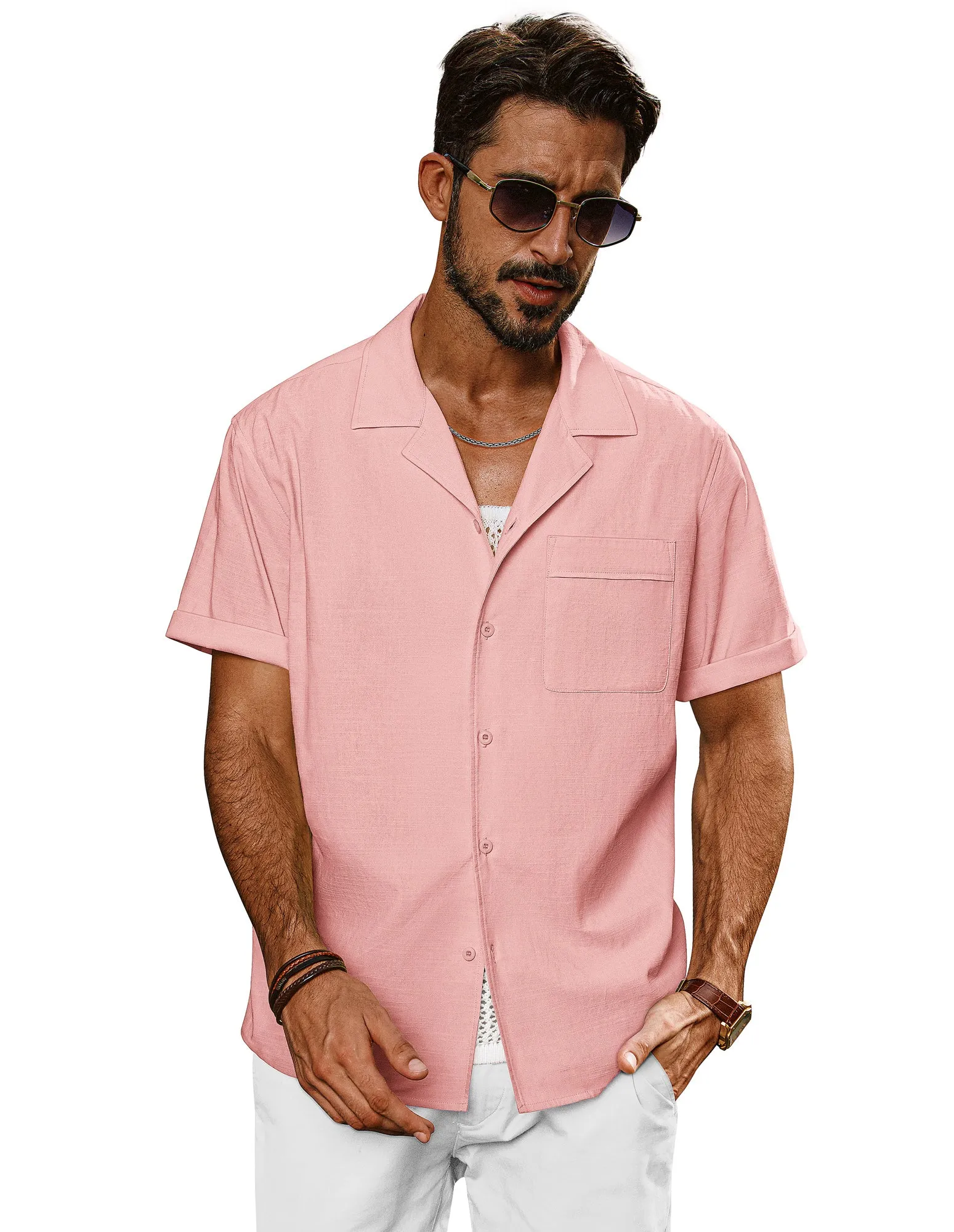 Men Straight Camp-Collar Shirt Casual Short Sleeve Flat-Hem Tops