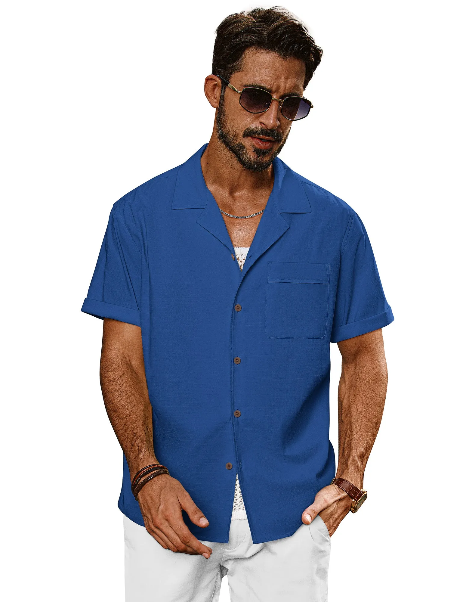 Men Straight Camp-Collar Shirt Casual Short Sleeve Flat-Hem Tops