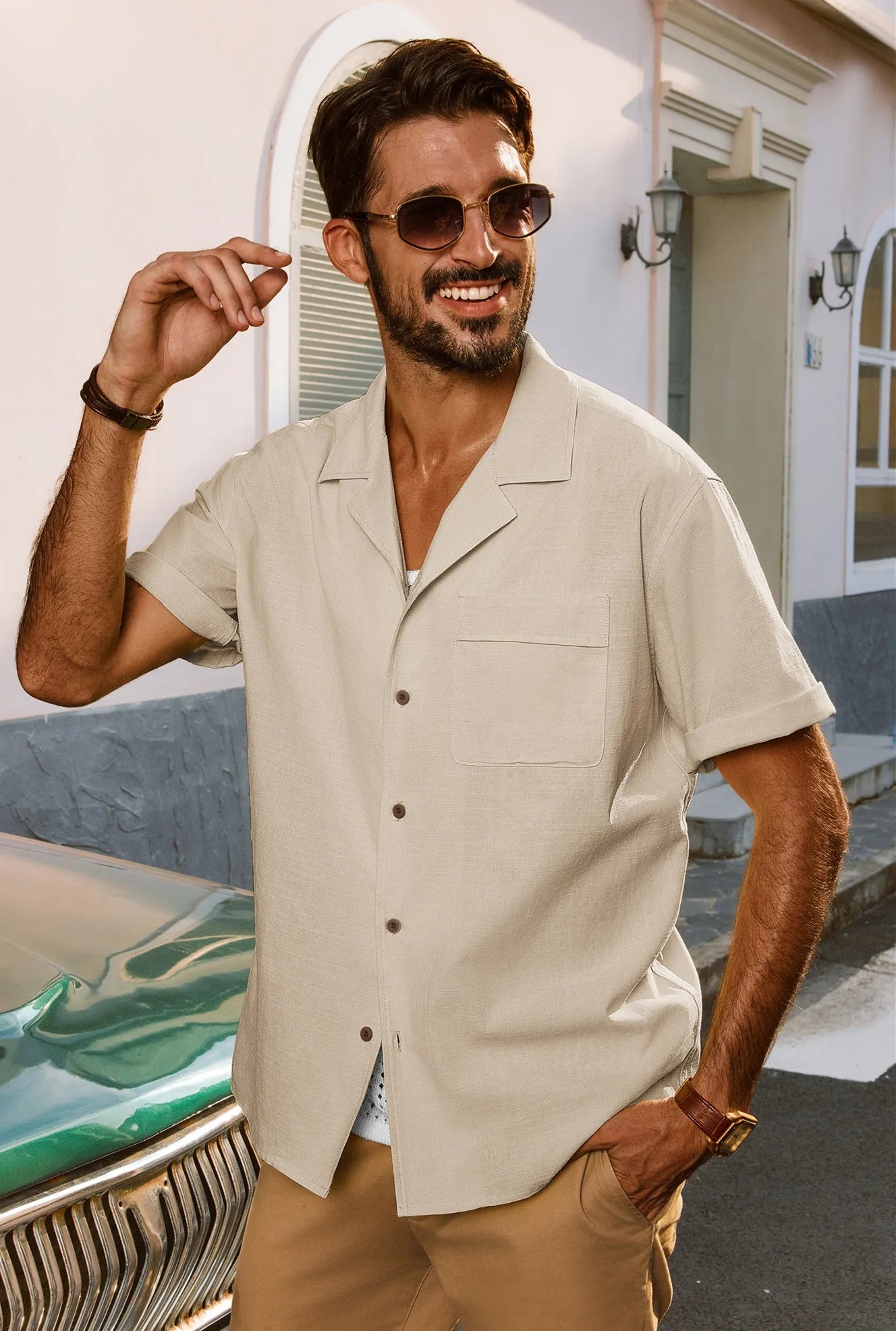 Men Straight Camp-Collar Shirt Casual Short Sleeve Flat-Hem Tops