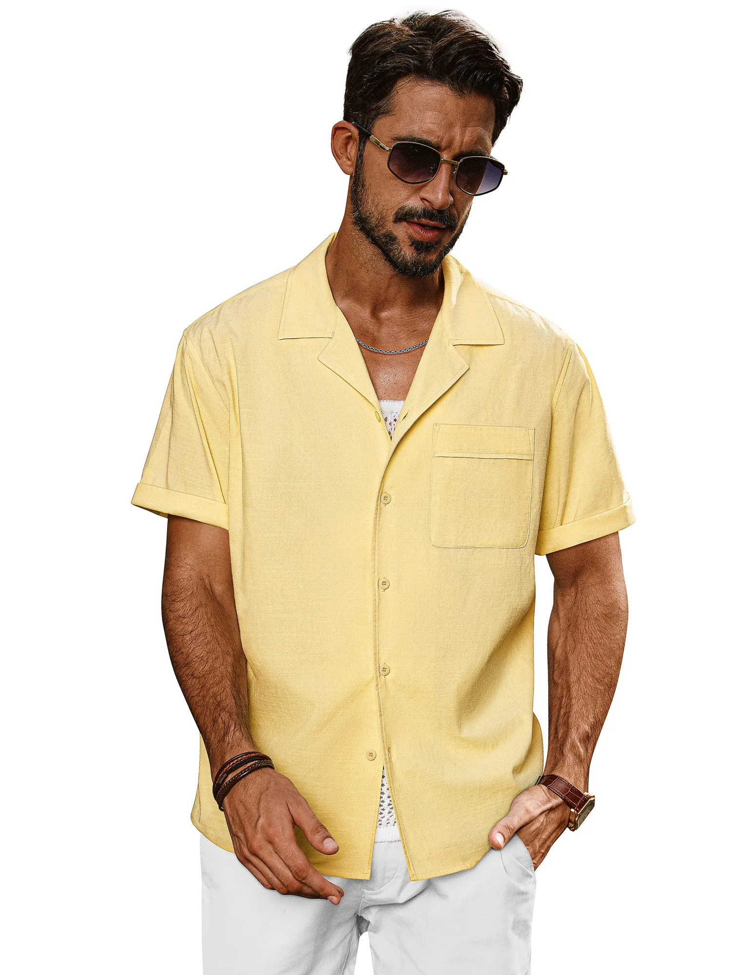 Men Straight Camp-Collar Shirt Casual Short Sleeve Flat-Hem Tops