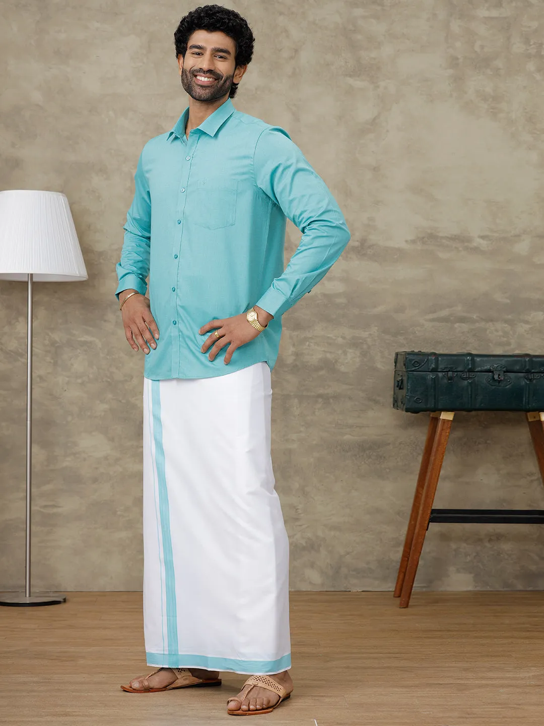 Men Turquoise Blue Shirt With Matching Border Dhoti Set Evolution