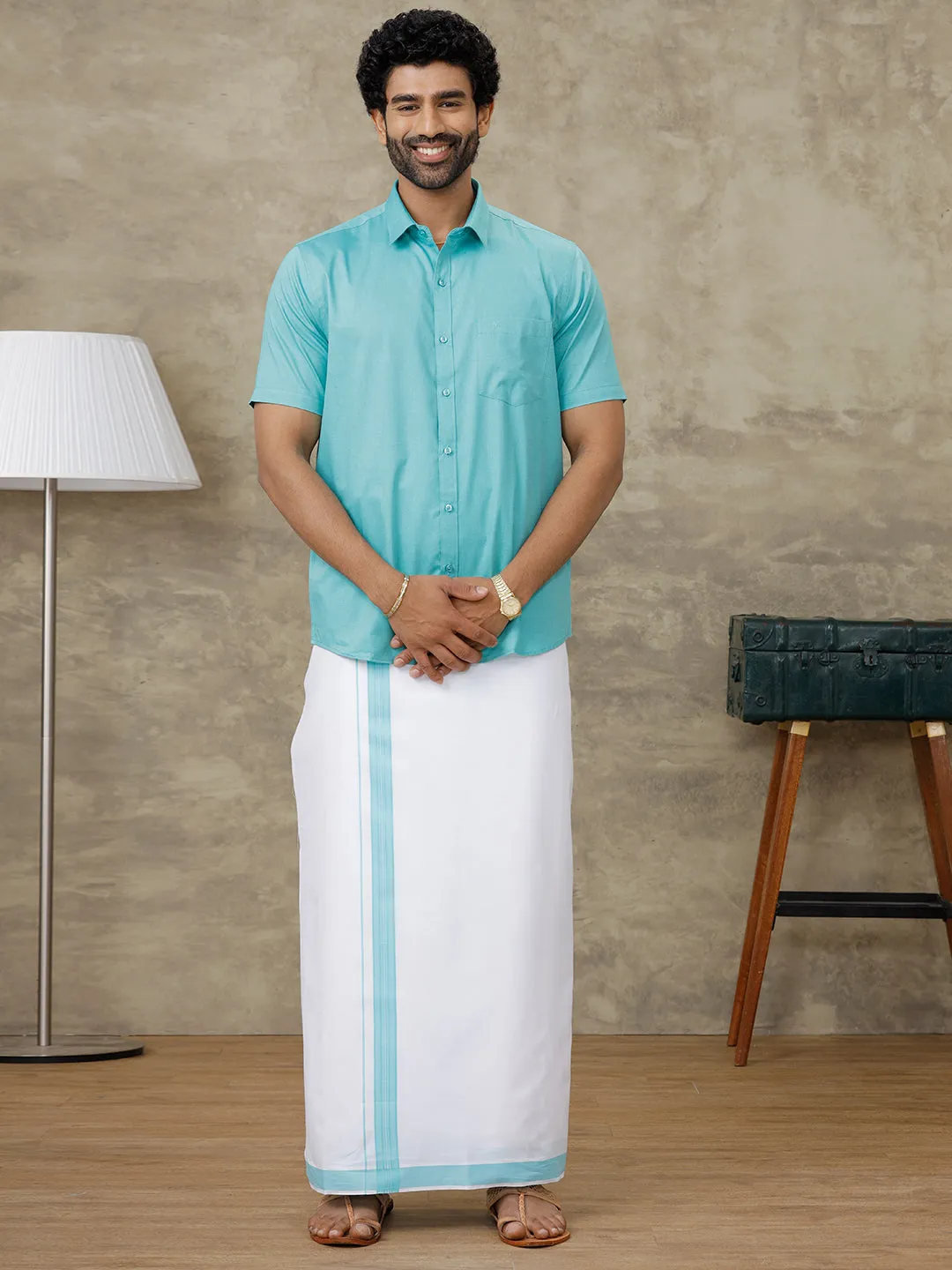 Men Turquoise Blue Shirt With Matching Border Dhoti Set Evolution