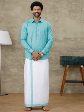 Men Turquoise Blue Shirt With Matching Border Dhoti Set Evolution