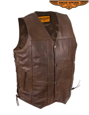 Mens 10 Pocket Brown Motorcycle Leather Vest