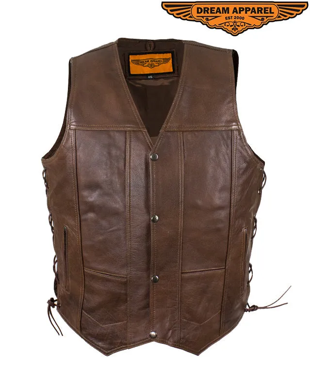 Mens 10 Pocket Brown Motorcycle Leather Vest