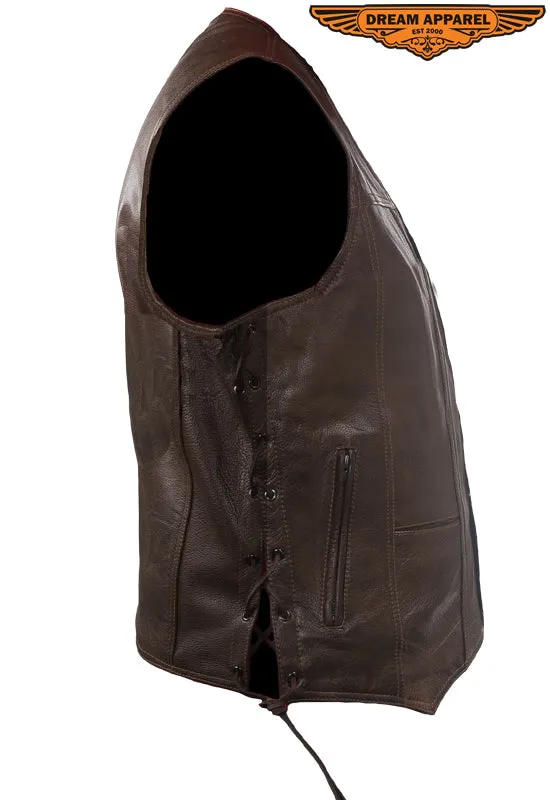 Mens 10 Pocket Brown Motorcycle Leather Vest