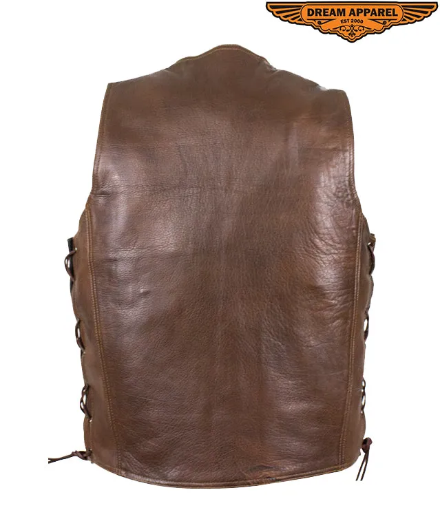 Mens 10 Pocket Brown Motorcycle Leather Vest