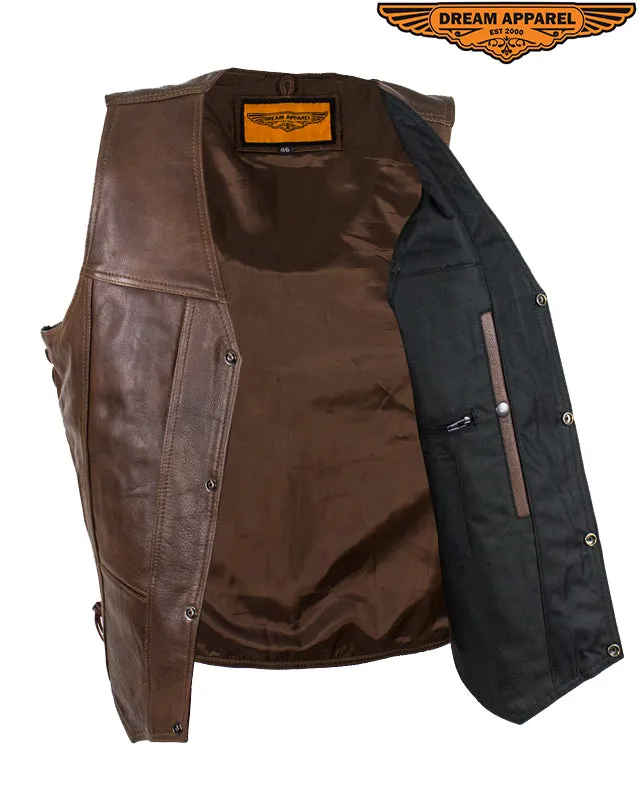 Mens 10 Pocket Brown Motorcycle Leather Vest