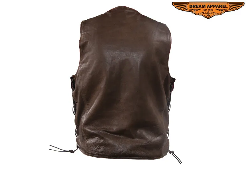 Mens 10 Pocket Brown Motorcycle Leather Vest