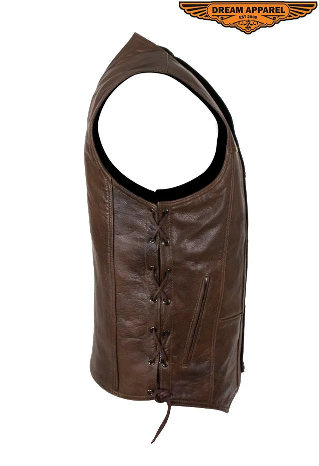 Mens 10 Pocket Brown Motorcycle Leather Vest