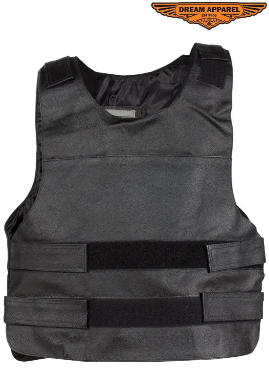 Men's Black Bullet Proof Style Leather Vest with Straps