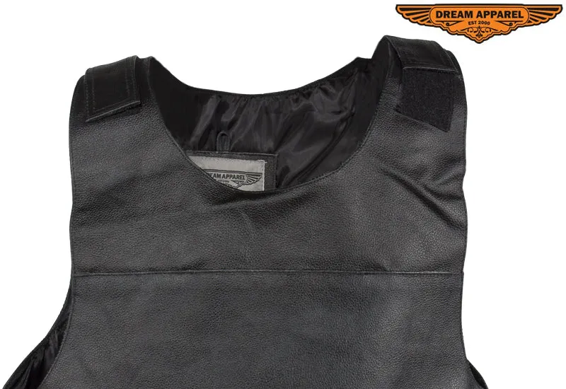 Men's Black Bullet Proof Style Leather Vest with Straps