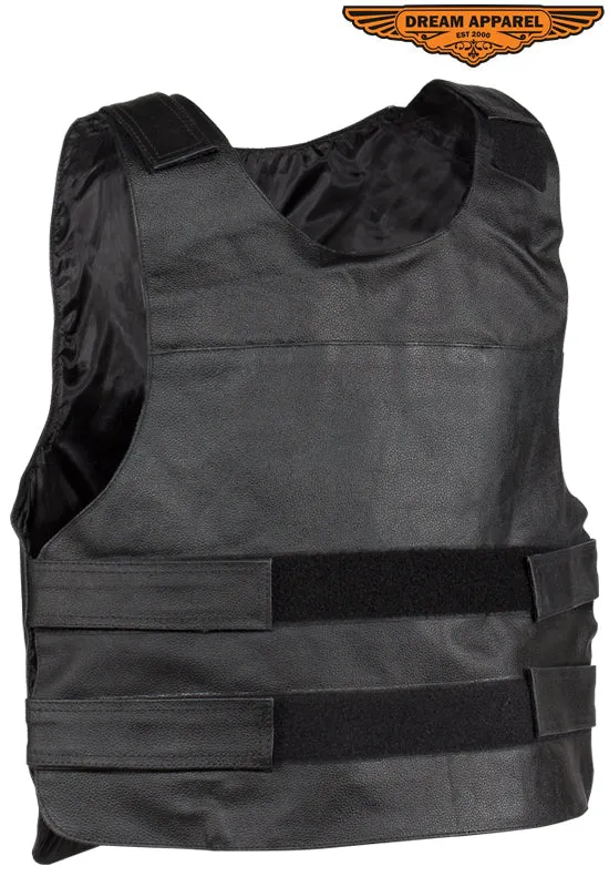 Men's Black Bullet Proof Style Leather Vest with Straps