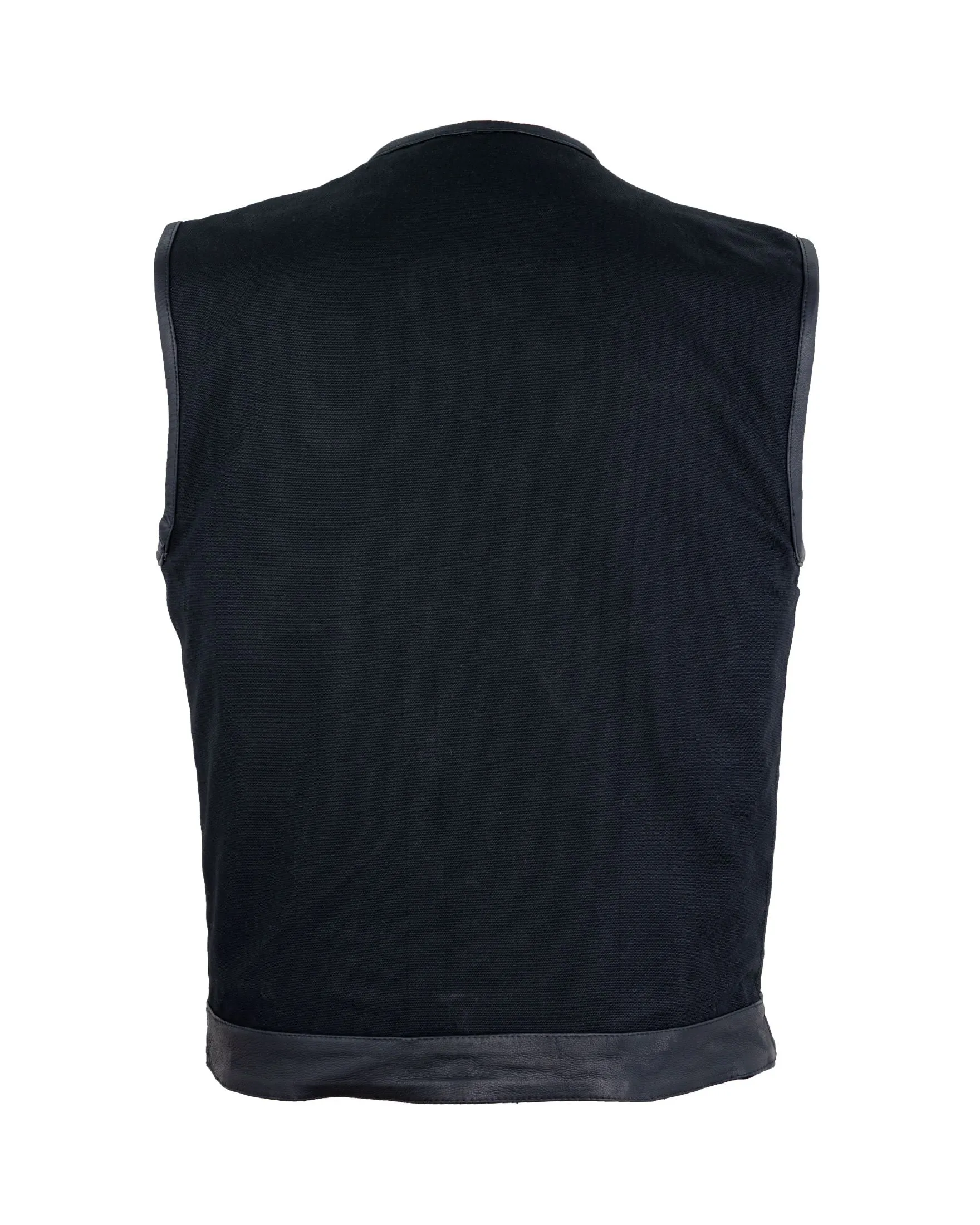 Mens Black Denim Biker Vest With Leather Trims & Front Zipper