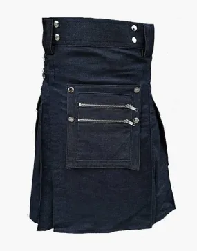 MEN'S DETACHABLE FRONT POCKET BLUE DENIM KILT