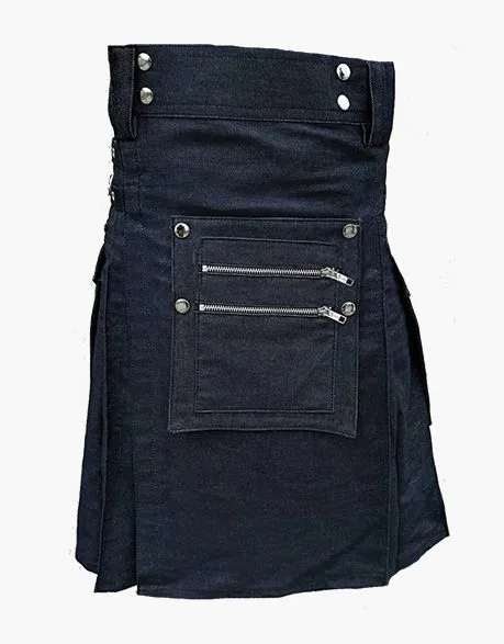 MEN'S DETACHABLE FRONT POCKET BLUE DENIM KILT