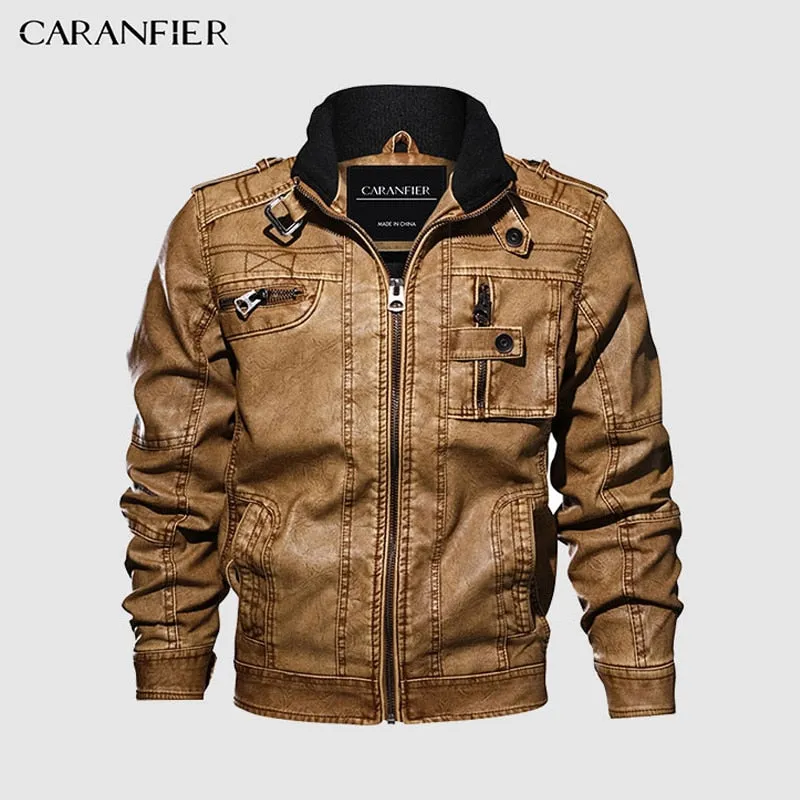 Mens Leather Jackets Motorcycle Stand Collar Zipper Pockets Male US Size PU Coats Biker Faux Leather Fashion Outerwear