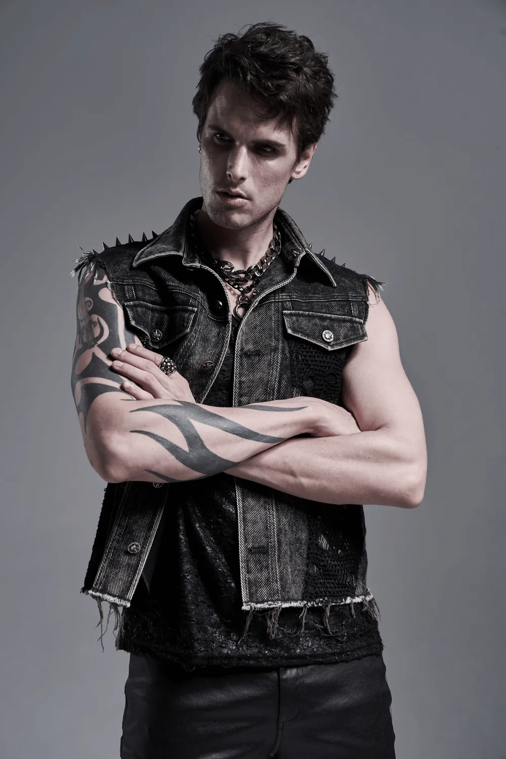 Men's Punk Denim Vest with Rivets and Patches