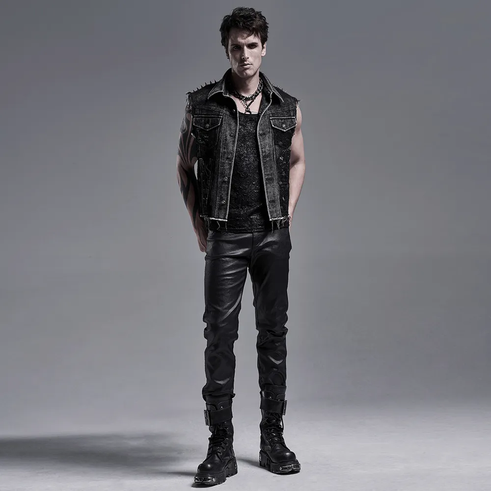 Men's Punk Denim Vest with Rivets and Patches