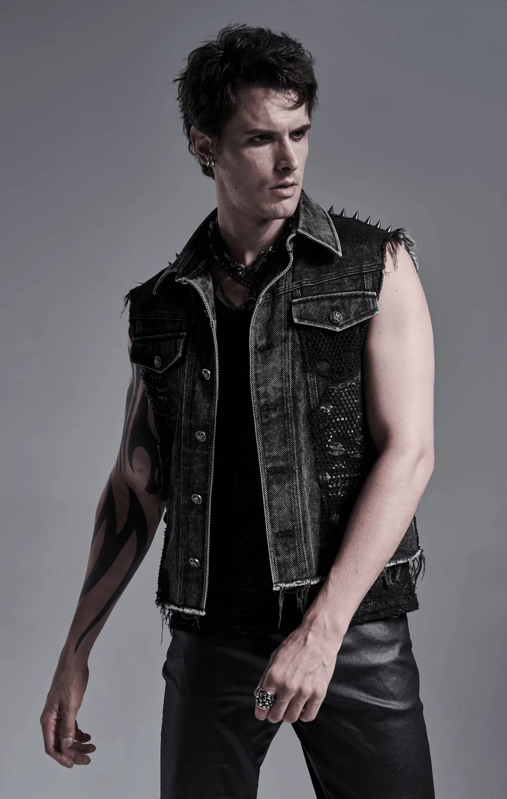 Men's Punk Denim Vest with Rivets and Patches