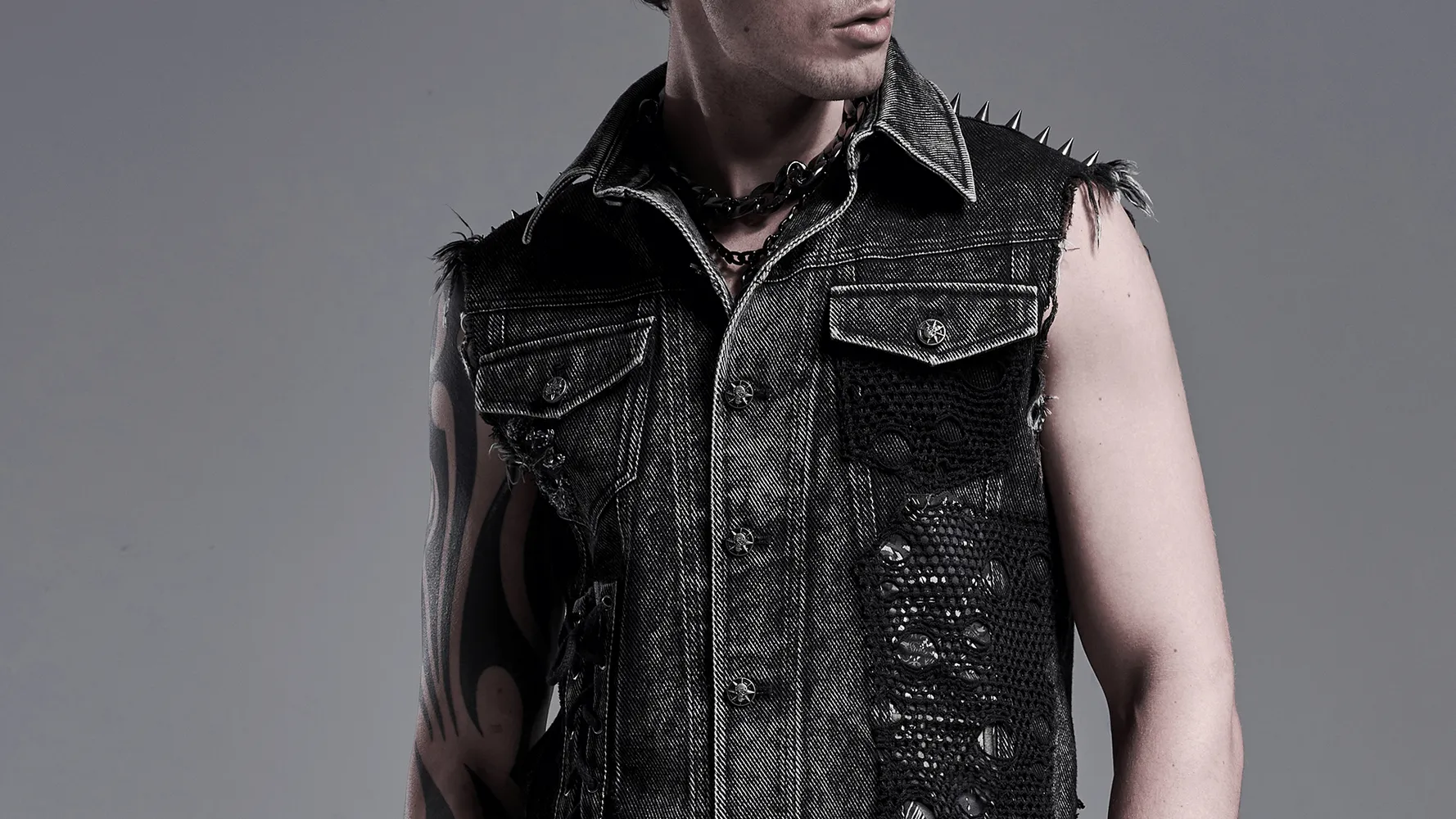 Men's Punk Denim Vest with Rivets and Patches