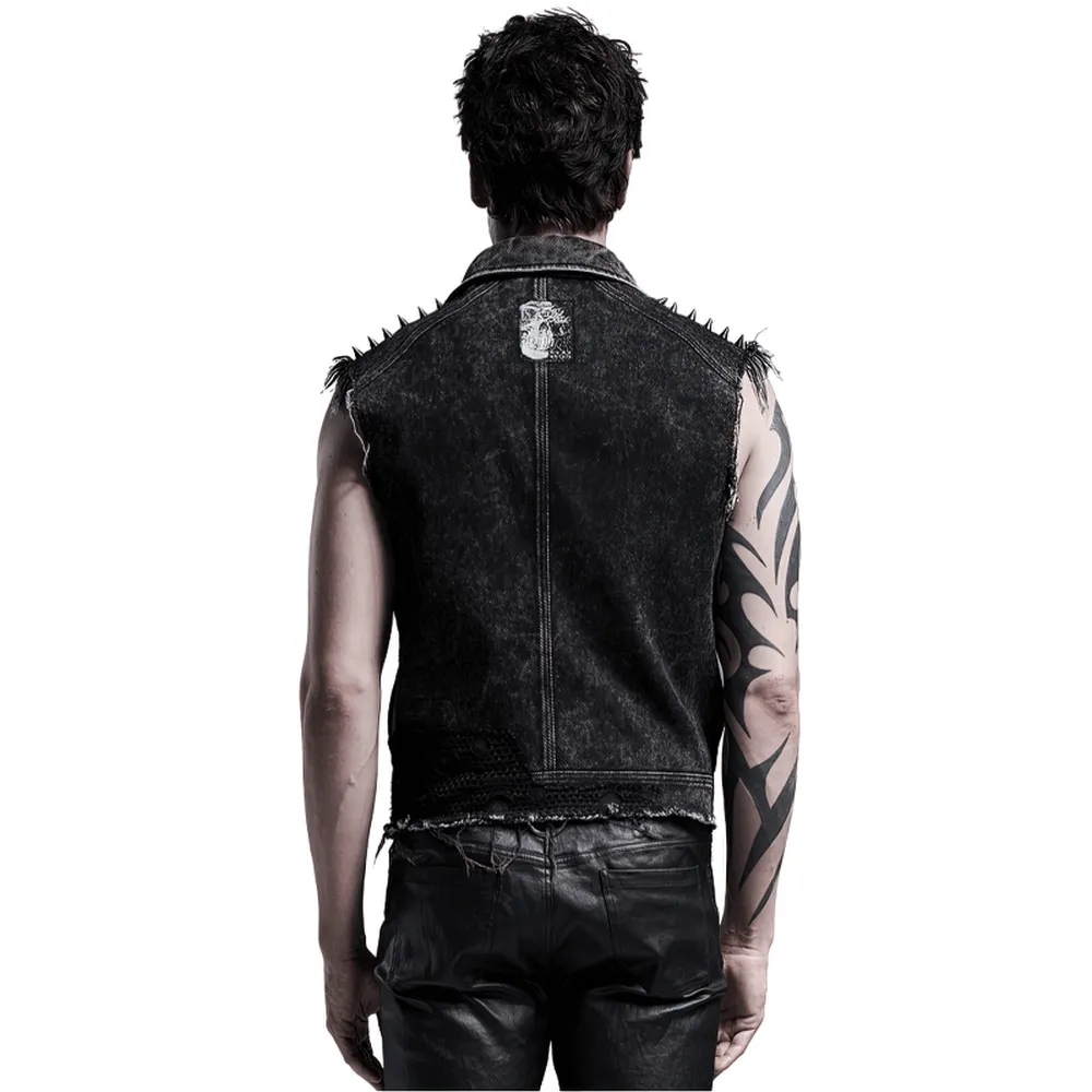 Men's Punk Denim Vest with Rivets and Patches