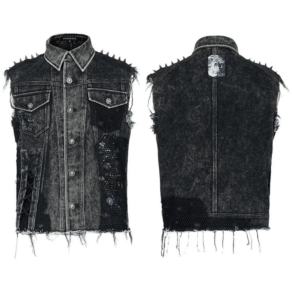 Men's Punk Denim Vest with Rivets and Patches