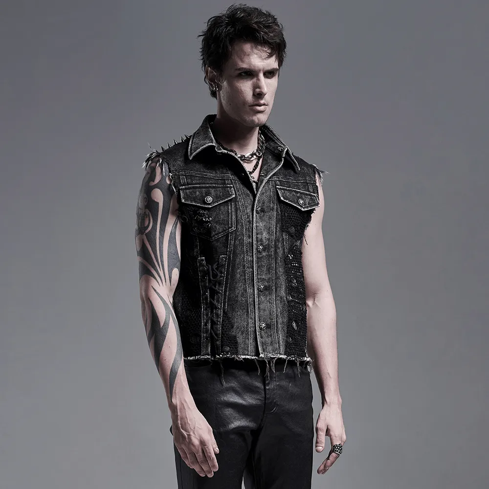 Men's Punk Denim Vest with Rivets and Patches