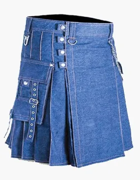 MEN'S SIDE STRAPS BLUE DENIM KILT