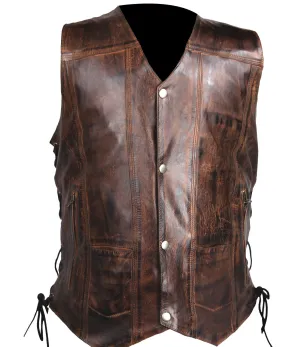 Men's Vintage Brn Light weight 10 Pocket Leather Vest with 2 Gun pockets