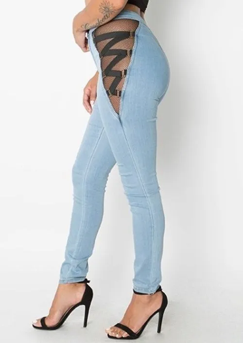 Mesh zig zag side detail high waist skinny jeans