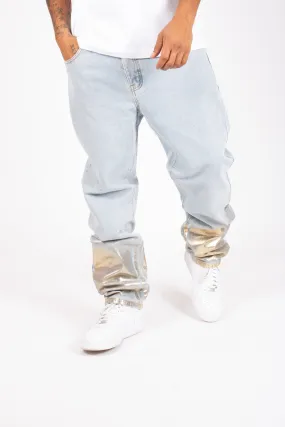 Metallic Faded Stonewash Straight Leg Jeans