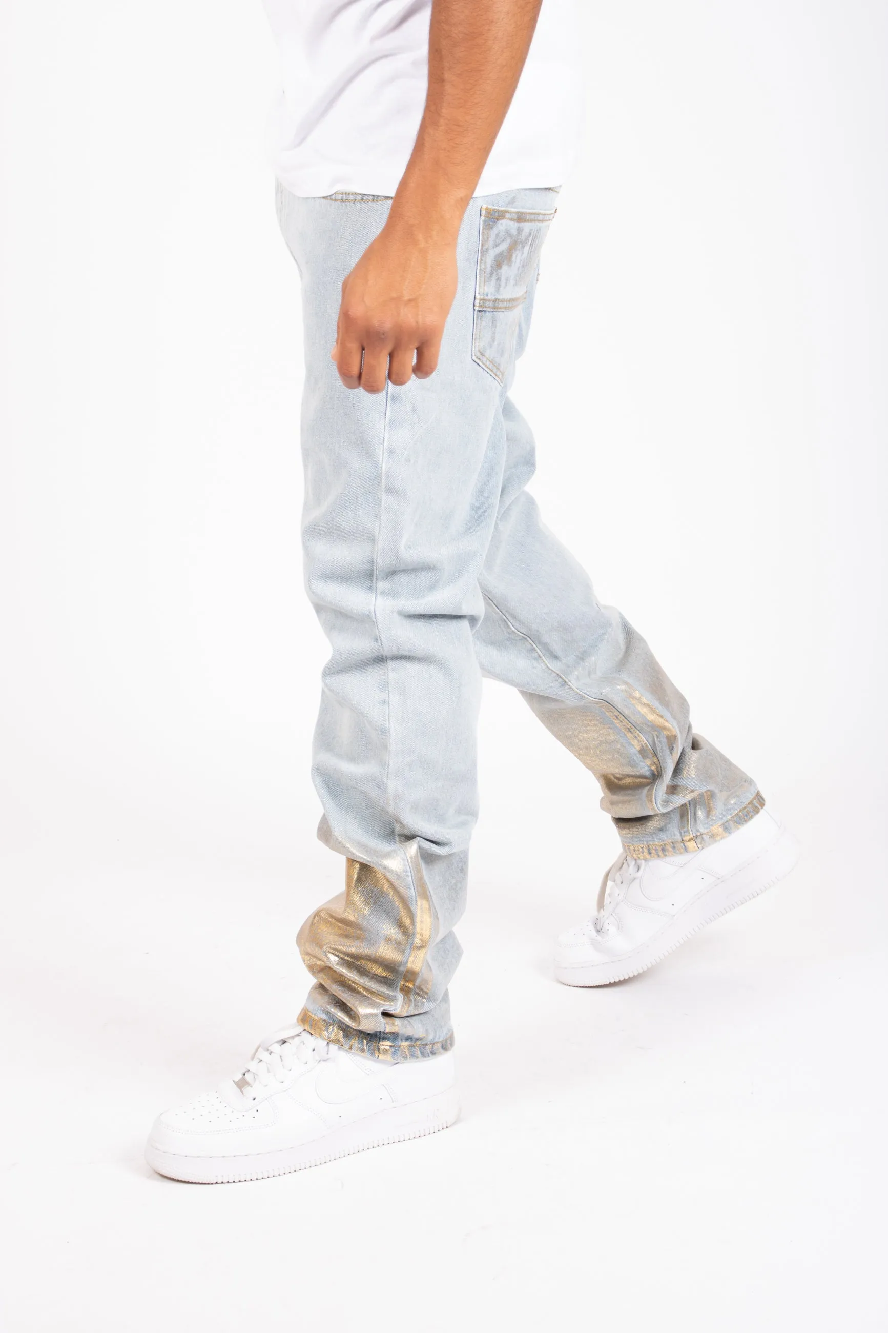 Metallic Faded Stonewash Straight Leg Jeans