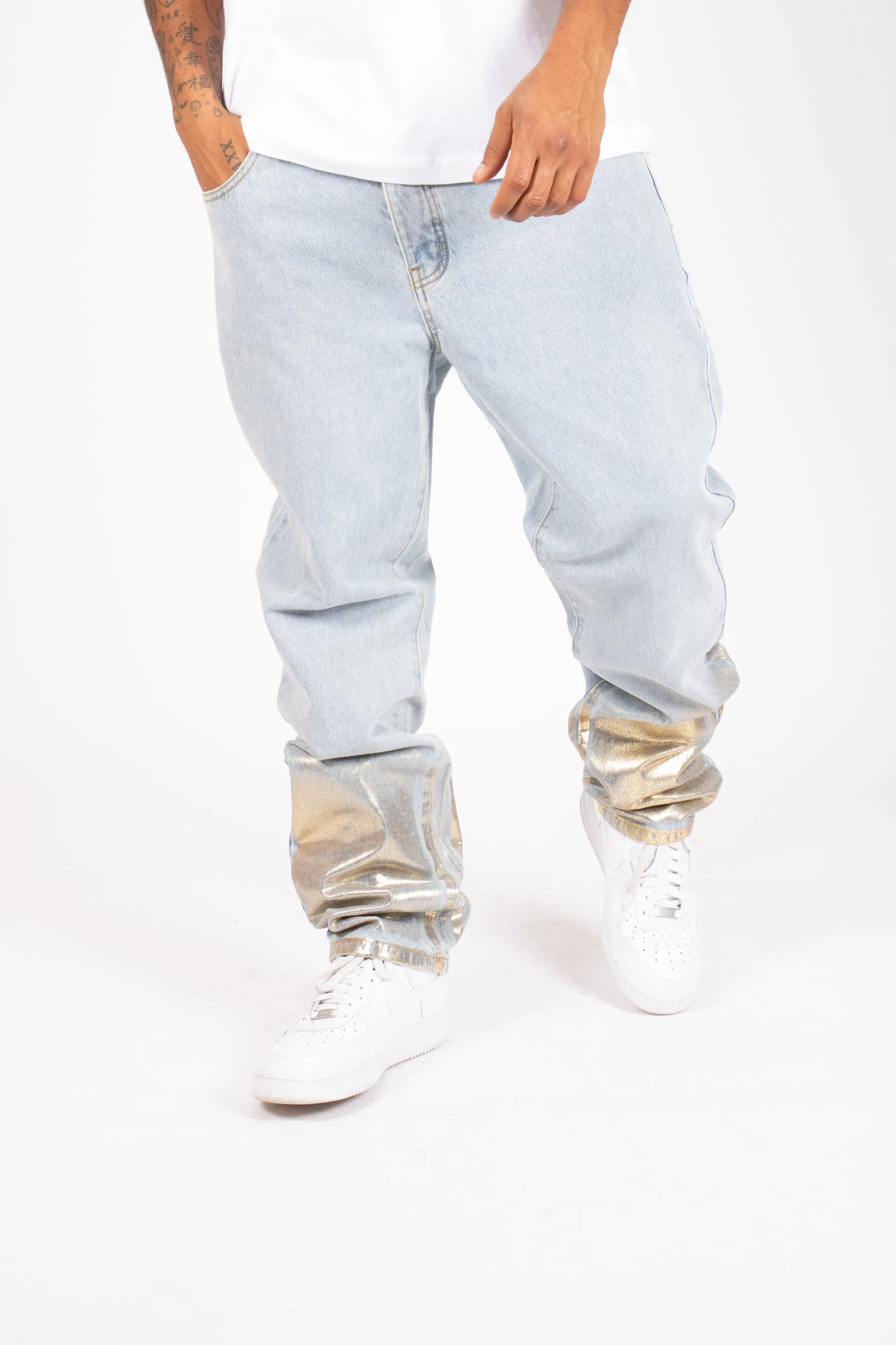 Metallic Faded Stonewash Straight Leg Jeans