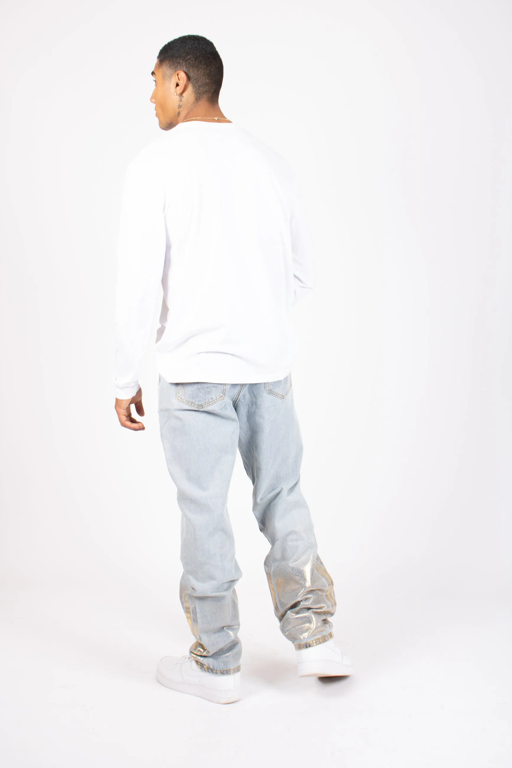 Metallic Faded Stonewash Straight Leg Jeans