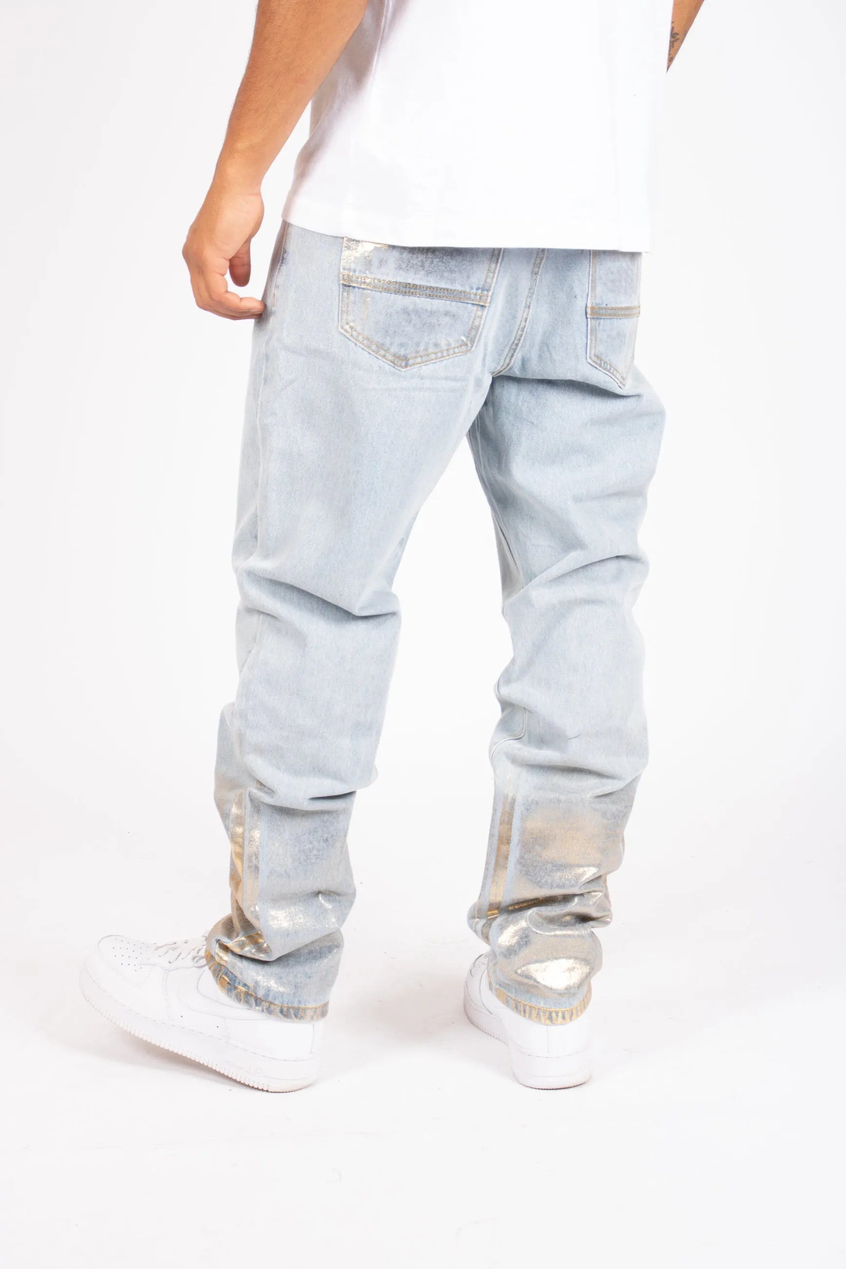 Metallic Faded Stonewash Straight Leg Jeans