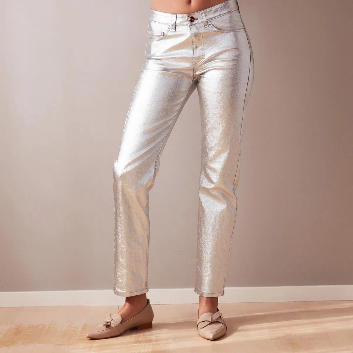 Metallic Straight Leg Jeans Silver