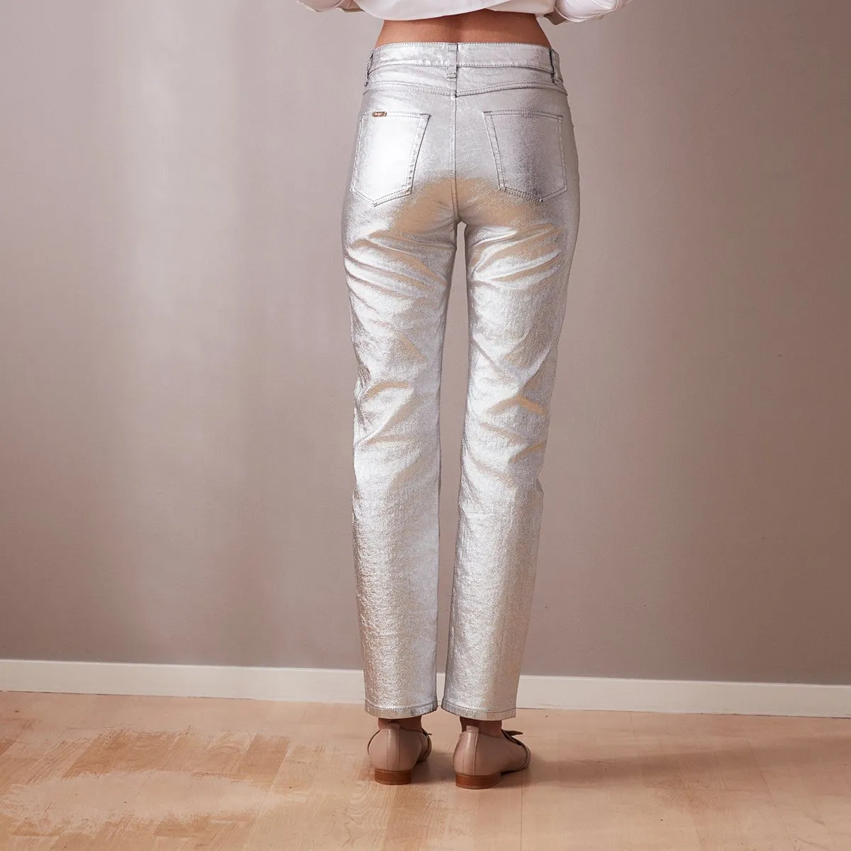 Metallic Straight Leg Jeans Silver