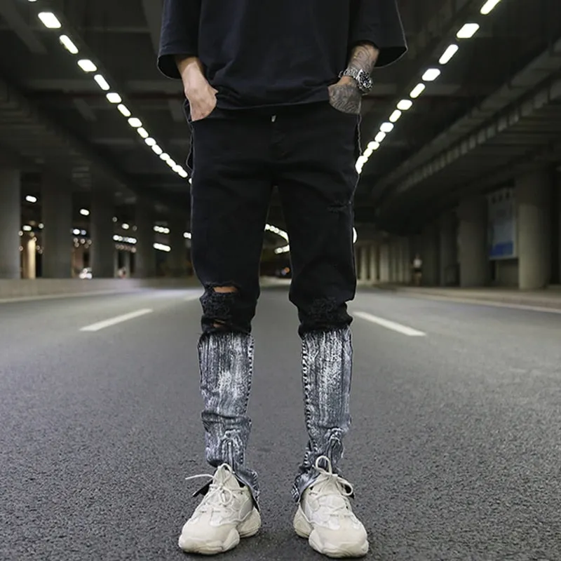 Metallic Zippered Legs Men Ripped Knee Jeans