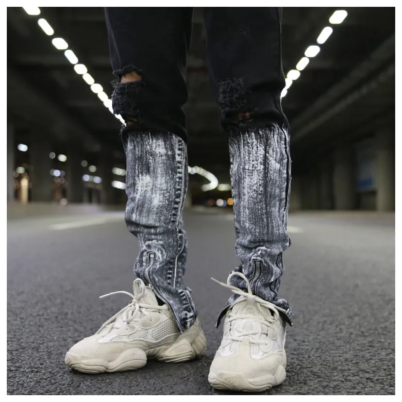 Metallic Zippered Legs Men Ripped Knee Jeans