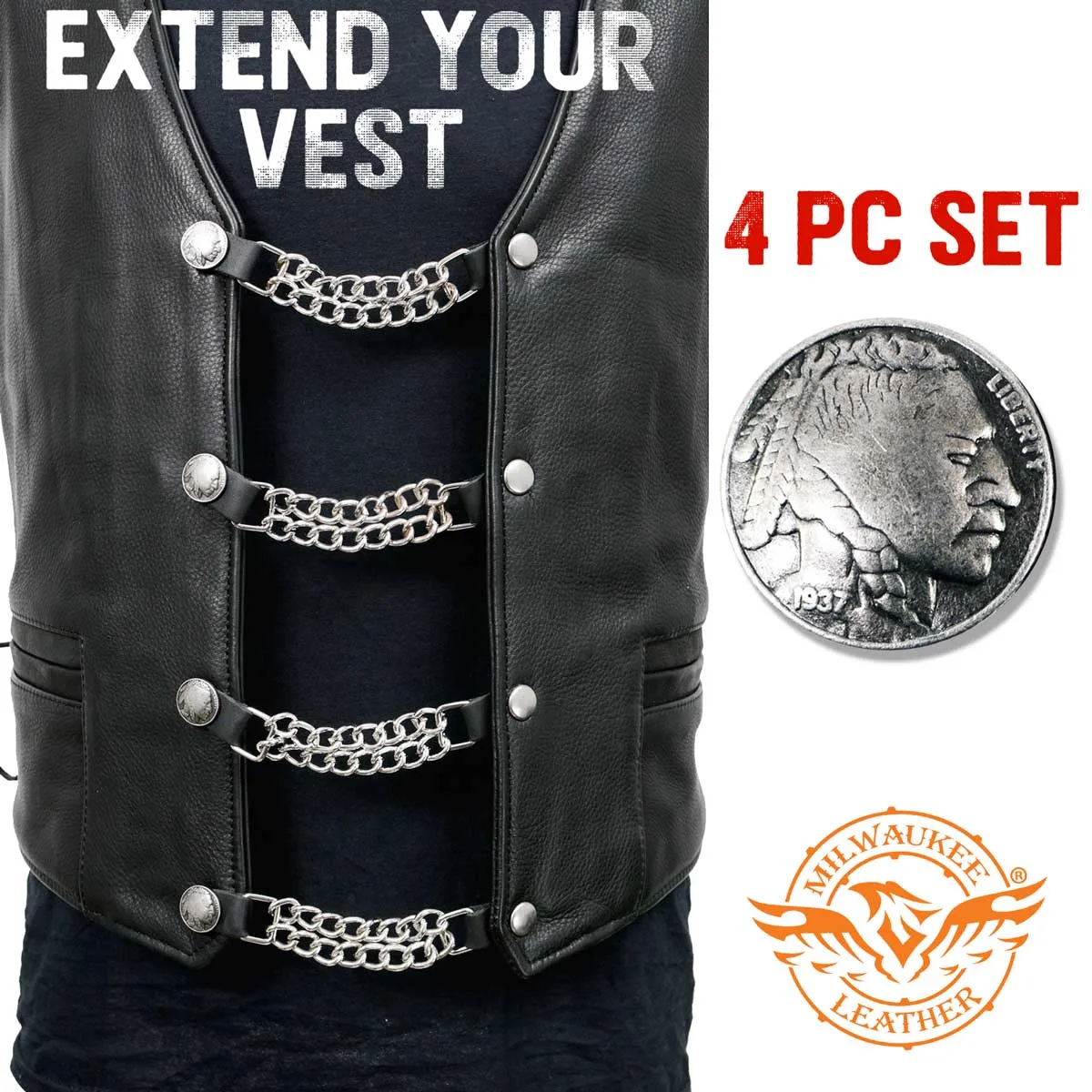 Milwaukee Leather Indian Head Medallion Vest Extender - Double Chrome Chains Genuine Leather 6.5" Extension 4-PCS MLA6014SET