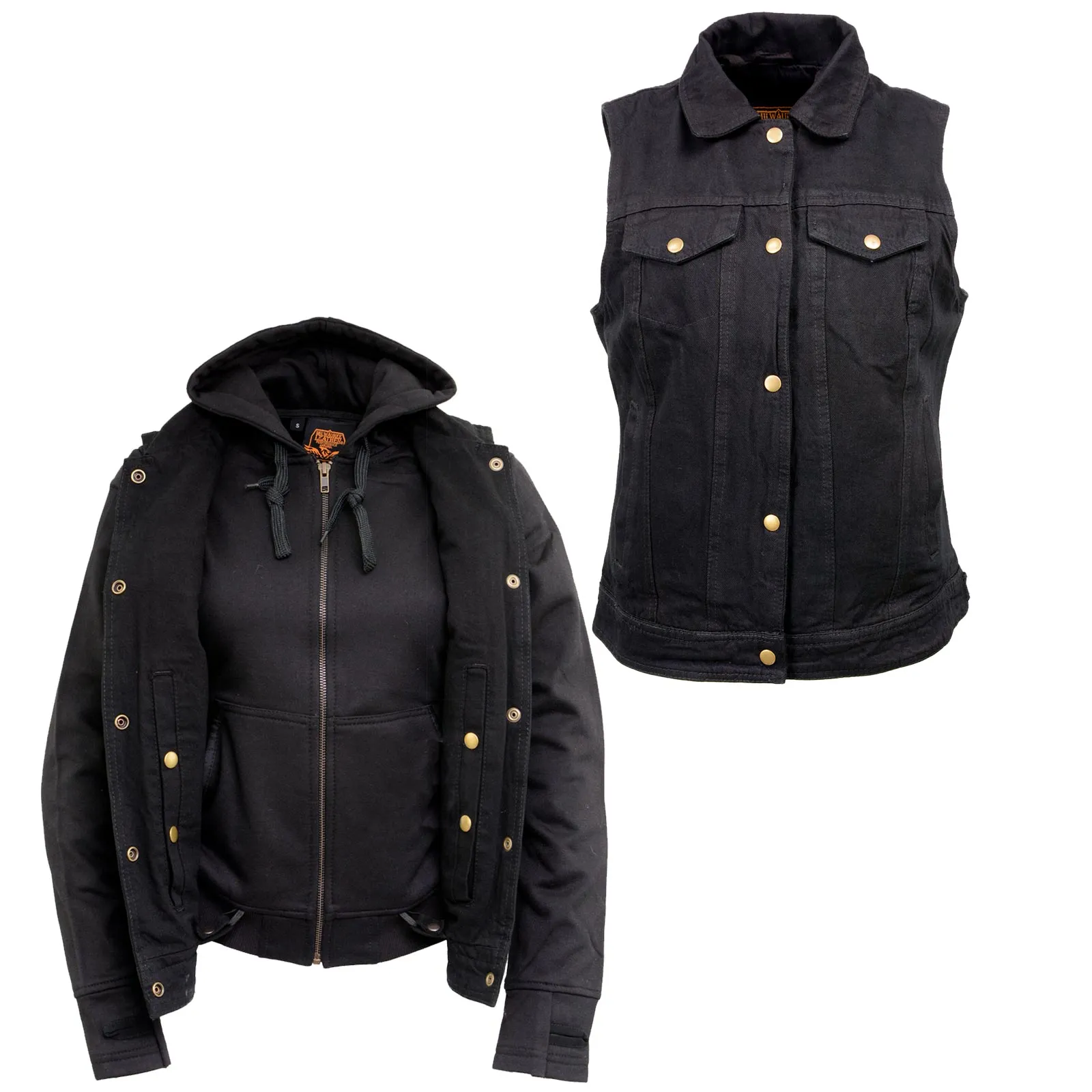 Milwaukee Leather MDL4002 Women's Black Denim 2 in 1 Shirt Style Collar Motorcycle Rider Vest W/ Removable Hoodie