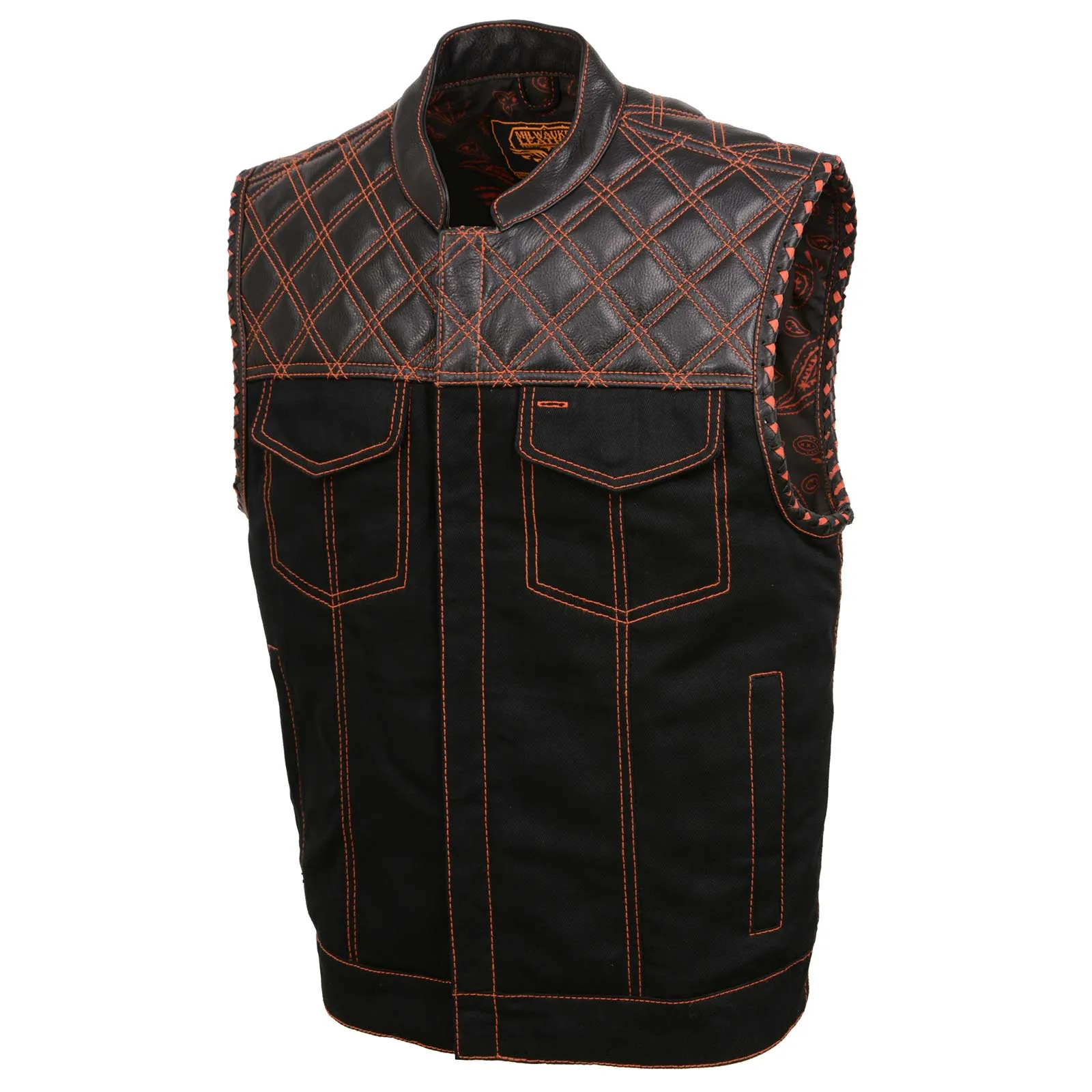 Milwaukee Leather MDM3037 Men's 'Wrecker' Black Denim and Leather Club Style Vest w/ Diamond Quilt Design