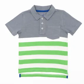 Mini Boden Boys Grey Green Stripe Short Sleeve Polo Shirt