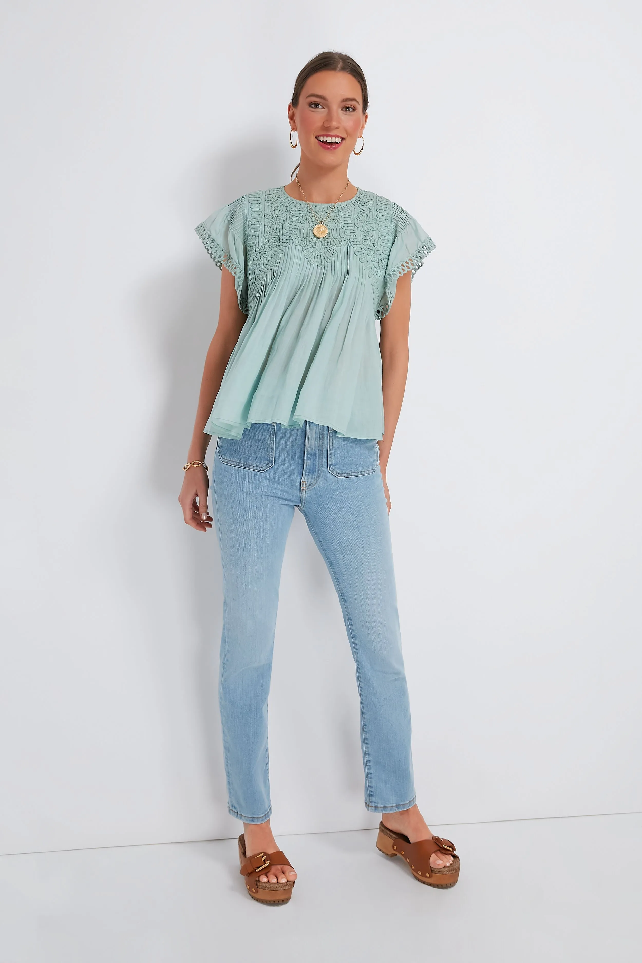 Mint Frida Solid Flutter Sleeve Top