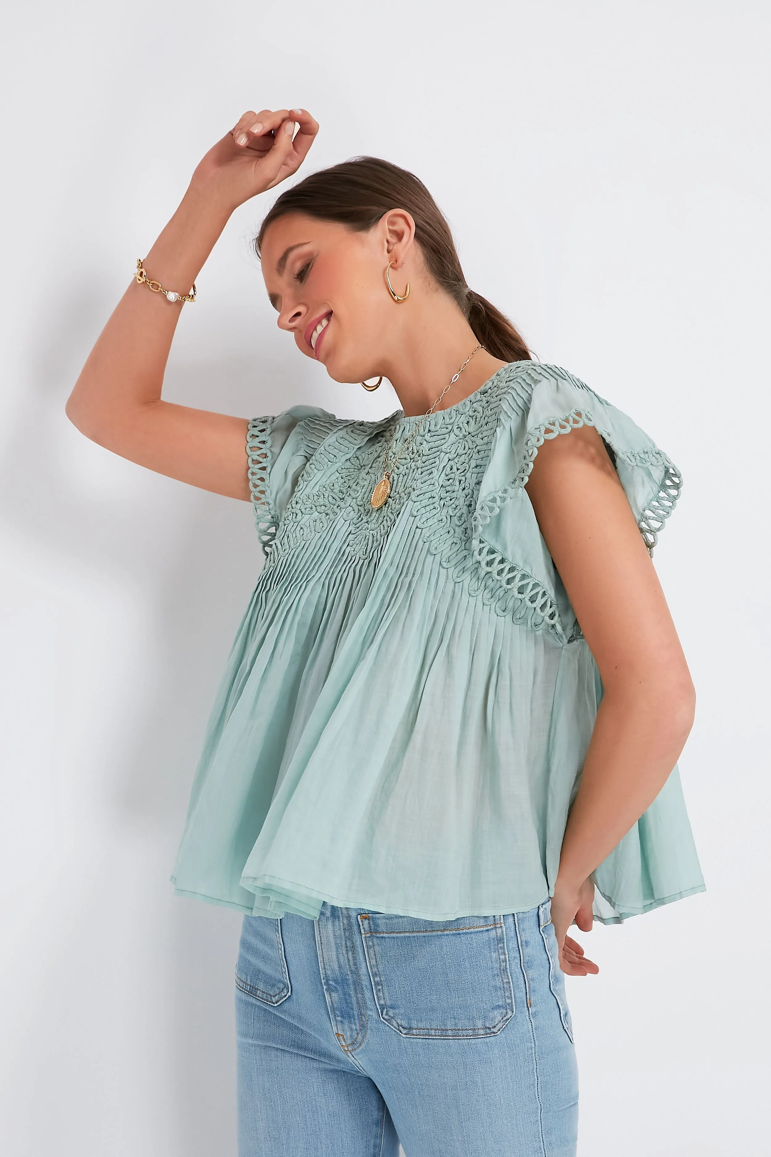 Mint Frida Solid Flutter Sleeve Top