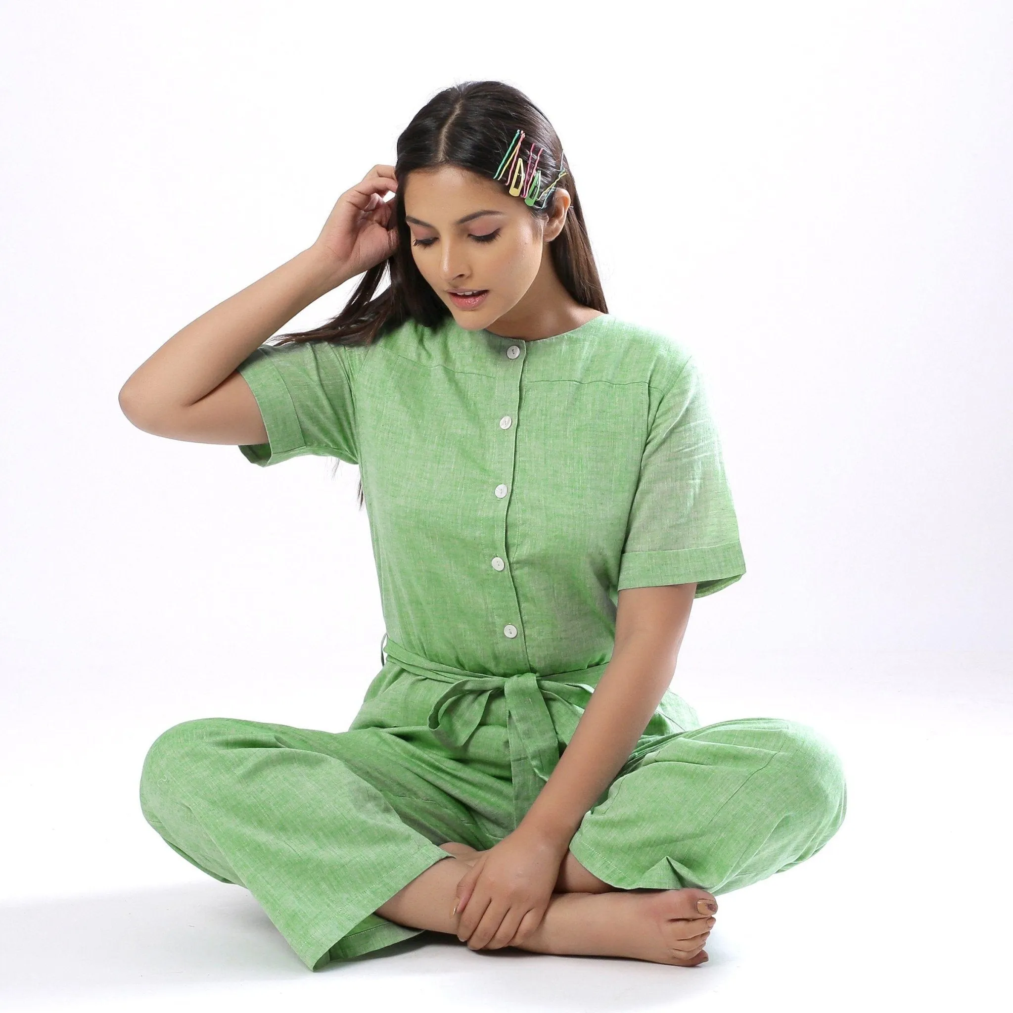 Mint Green Handspun 100% Cotton Paneled Overall Jumpsuit